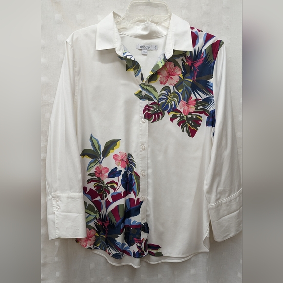 Chicos No Iron 3/4 Sleeve Stretch Button Down Rainforest Shirt Sz 2 - Picture 4 of 7